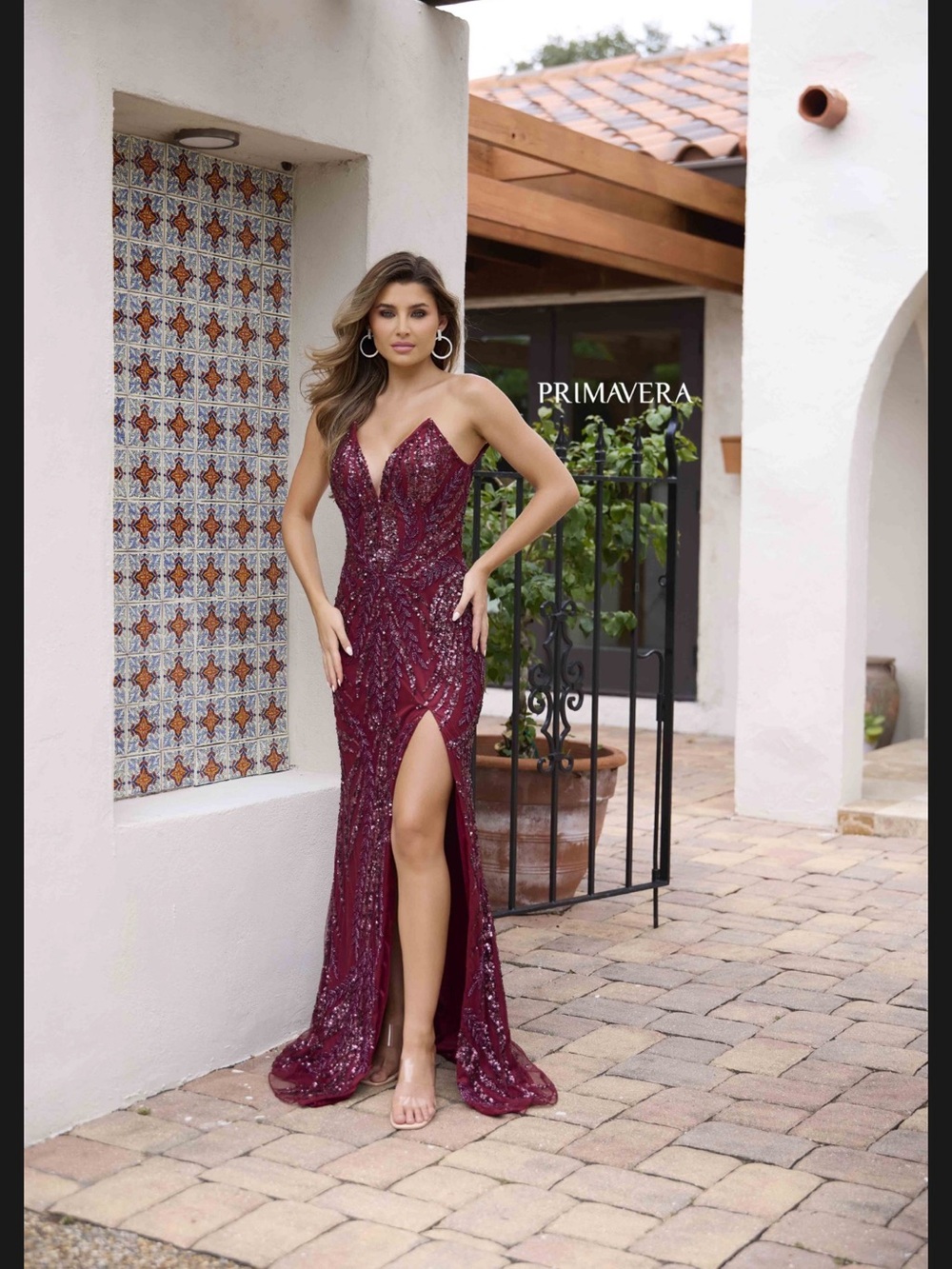Primavera Burgundy Sequin V-Neck Prom Dress with Thigh Slit 4399